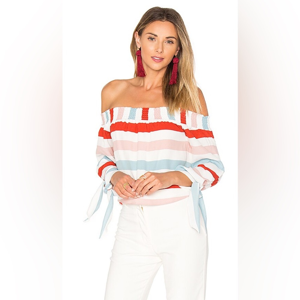 Lovers + Friends Dream Lover Red Blue Stripe Off Shoulder Top